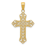 10k Yellow Gold Cross Pendant with Lace Pattern, Filigree Design, and Scrolling Heart Motif