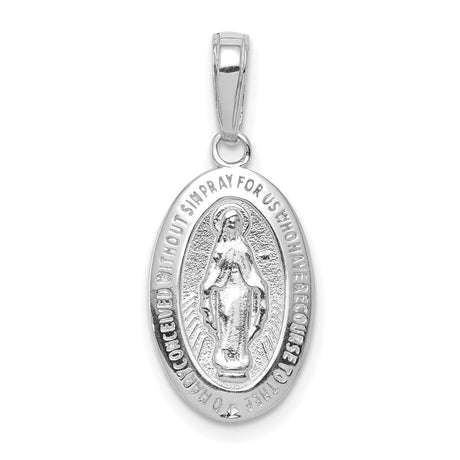 10k White Gold Miraculous Medal Pendant Featuring Virgin Mary Inscription
