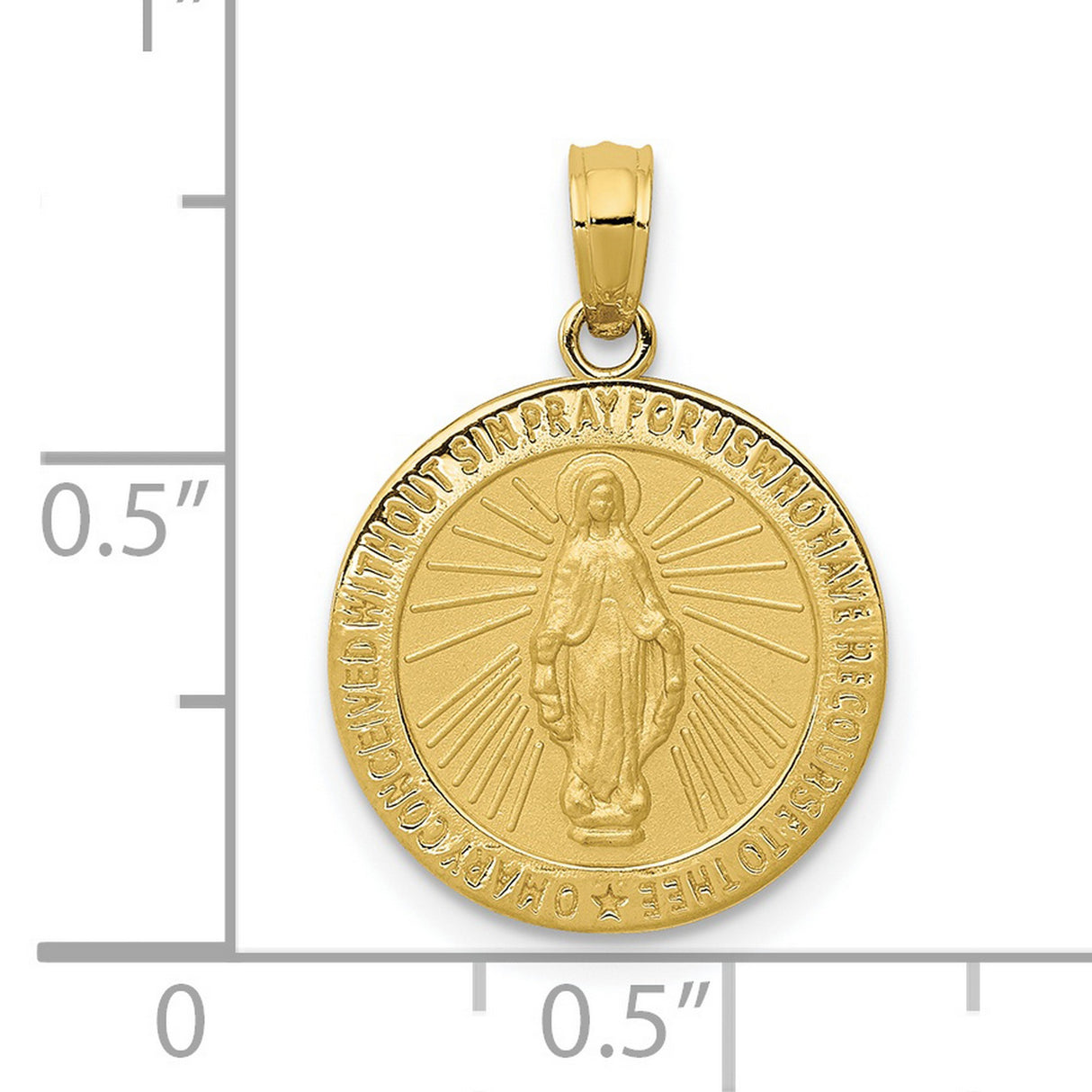 10k Yellow Gold Miraculous Medal Pendant with Virgin Mary Inscription, Catholic Charm
