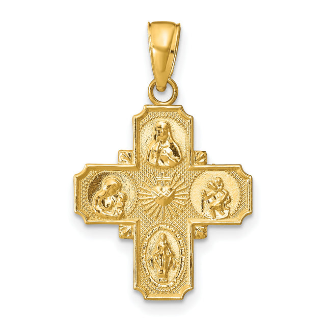 10k Yellow Gold Four Way Cross Pendant with Sacred Heart and St. Christopher