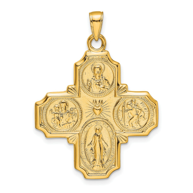 10k Yellow Gold Four-Way Catholic Cross Pendant with Sacred Heart and Saints