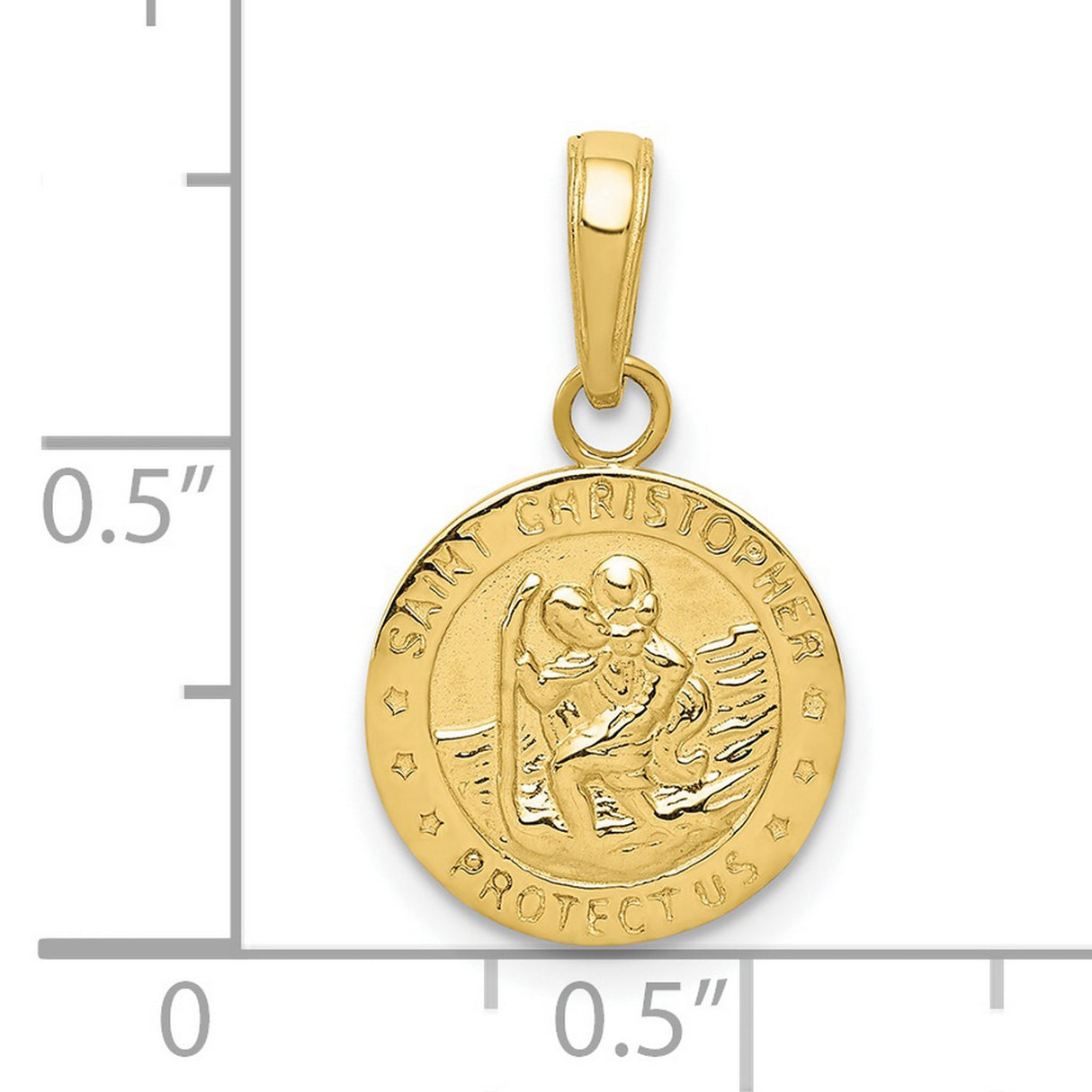 Saint Christopher Protect Us Words Round Charm Pendant in Real 10k Yellow Gold