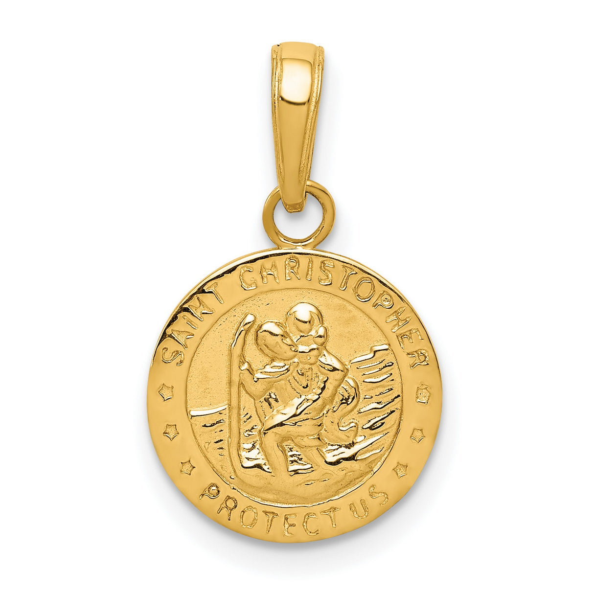 Saint Christopher Protect Us Words Round Charm Pendant in Real 10k Yellow Gold