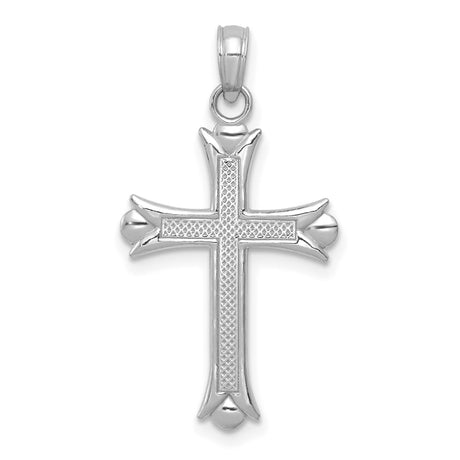 10k White Gold Cross Pendant with Fleur De Lis Design and Textured Lattice Pattern