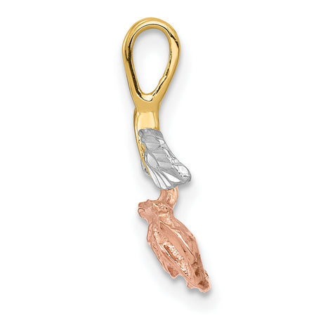 10k Multi-Tone Gold Rose Flower Pendant with Rhodium Accents, Tri-Tone Stem and Leaf Design
