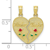 10k Yellow Gold Mother Daughter Pendant with Split Heart and Enamel Rose Accents