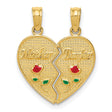 10k Yellow Gold Mother Daughter Pendant with Split Heart and Enamel Rose Accents
