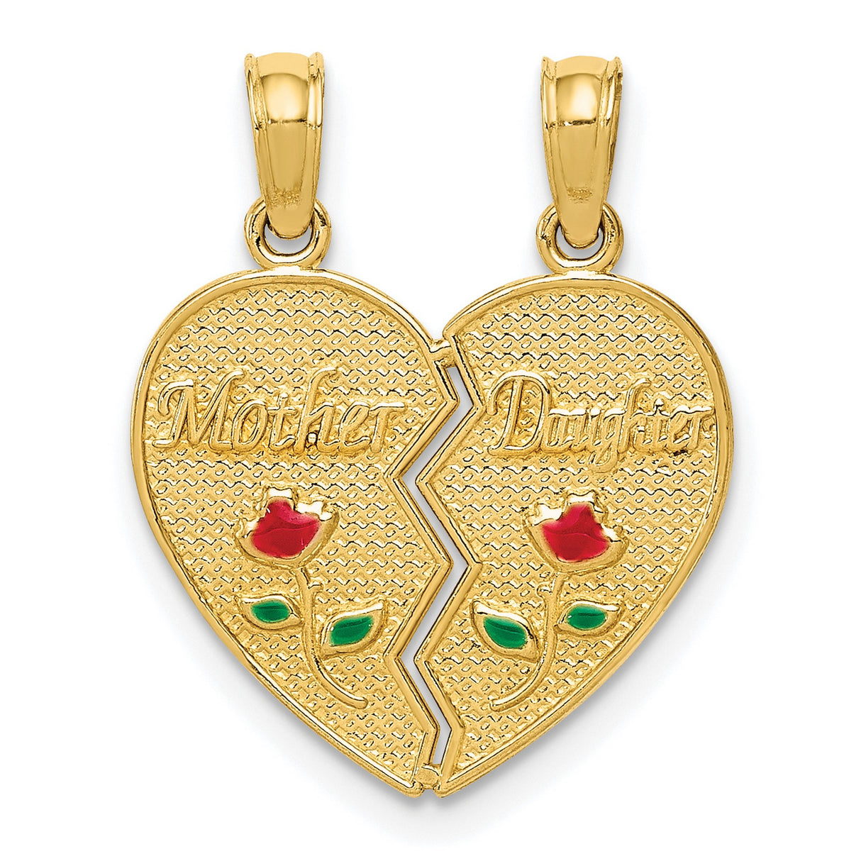 10k Yellow Gold Mother Daughter Pendant with Split Heart and Enamel Rose Accents