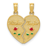 10k Yellow Gold Mother Daughter Pendant with Split Heart and Enamel Rose Accents
