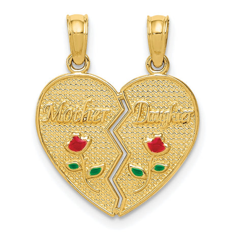 10k Yellow Gold Mother Daughter Pendant with Split Heart and Enamel Rose Accents