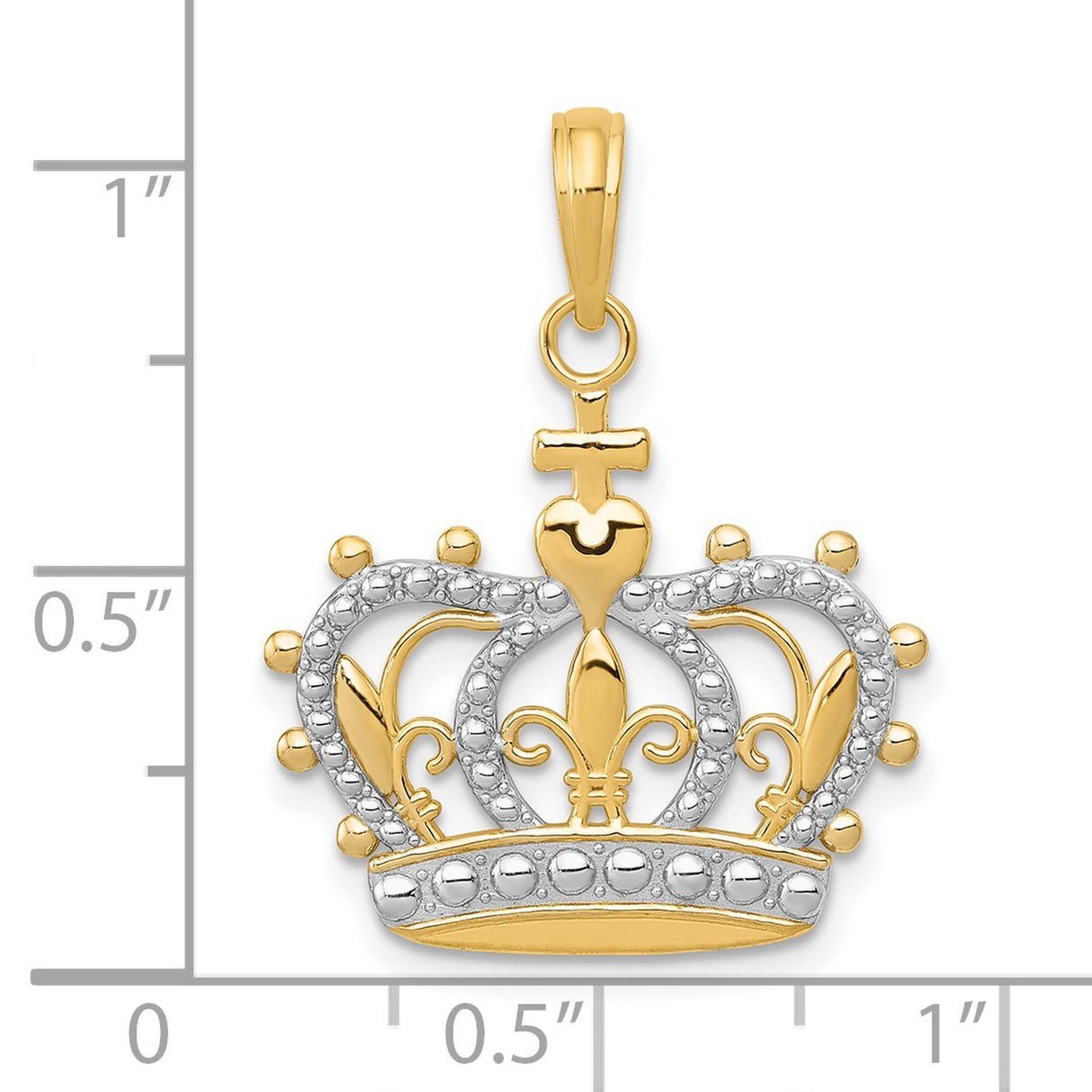 10k Multi-Tone Gold Crown Cross Pendant with Rhodium Accent and Fleur-de-Lis Details
