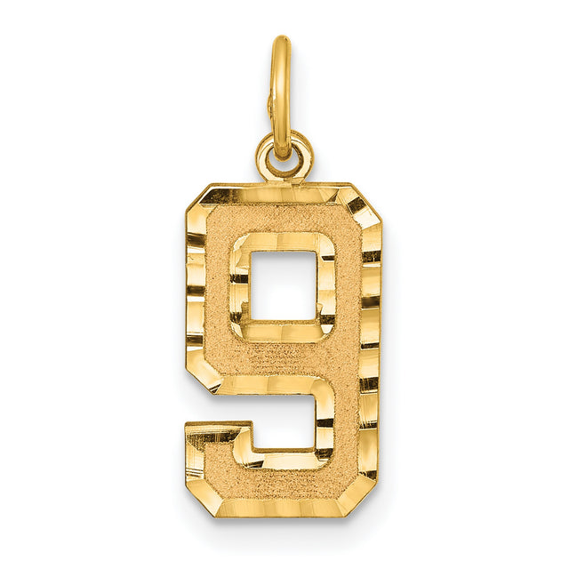 10k Yellow Gold Number 9 Pendant with Diamond Cut Finish, Unisex Charm for Necklace or Bracelet