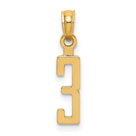 10k Yellow Gold Number 3 Pendant, Sleek Block Numeral Charm for Men and Women