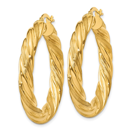 10k Yellow Gold Twisted Hoop Earrings with Braided Texture, Polished Round Design