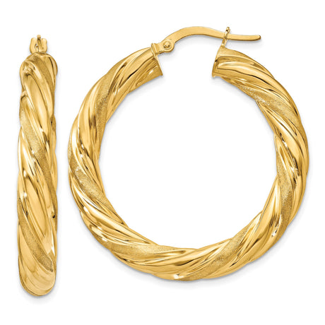 10k Yellow Gold Twisted Hoop Earrings with Braided Texture, Polished Round Design