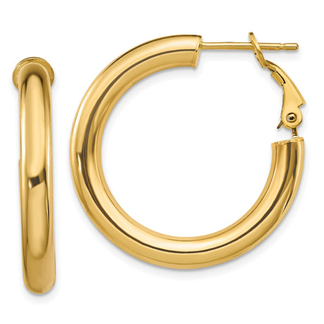 10k Yellow Gold Hoop Earrings, High Polish Round Design with Omega Back