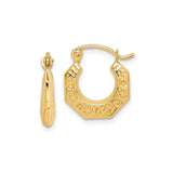 10k Yellow Gold Octagon Hoop Earrings with Textured Floral and Dot Pattern