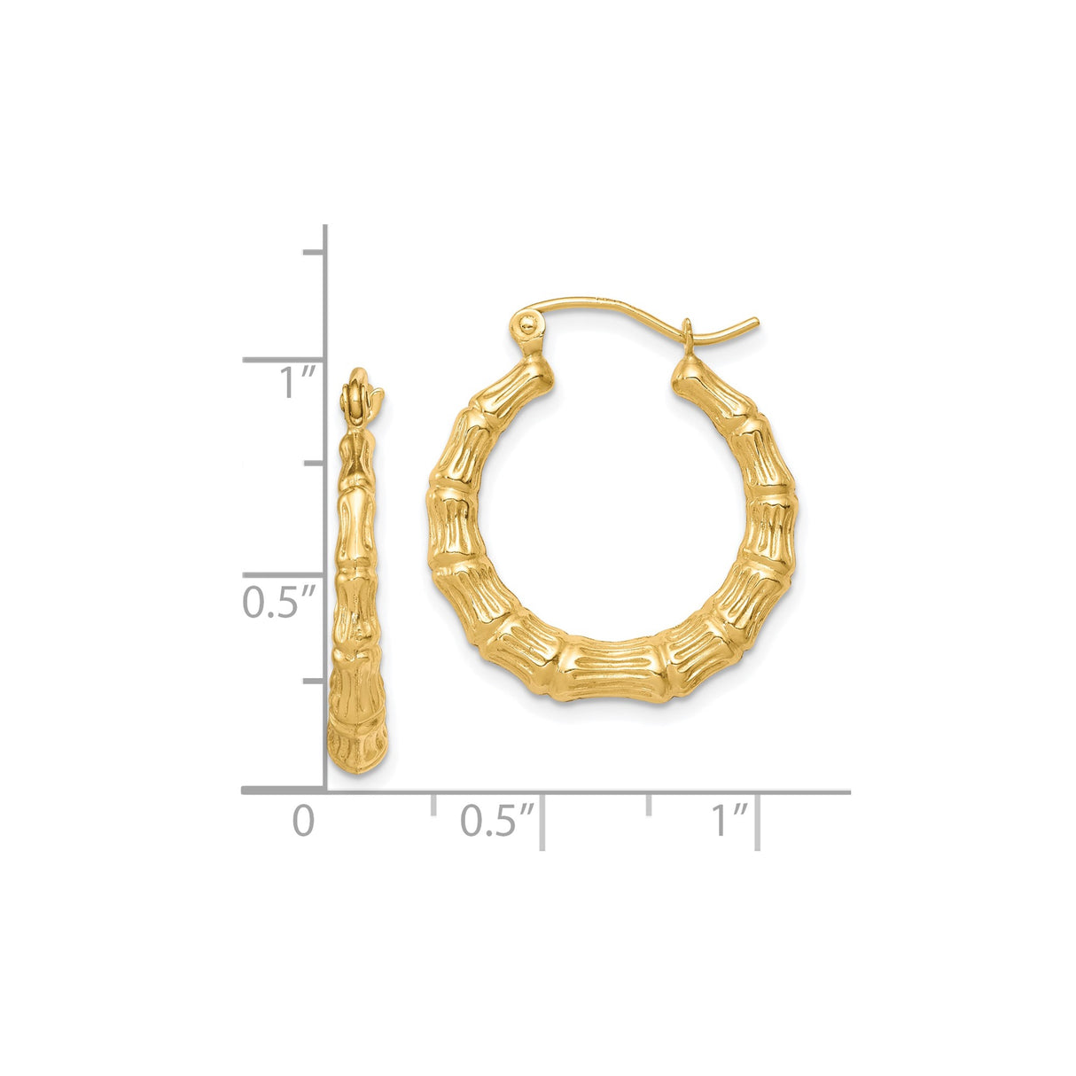 10k Yellow Gold Hoop Earrings, Bamboo Style with Polished Organic Texture, Lightweight Hollow Design