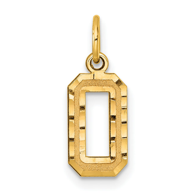 10k Yellow Gold Number 0 Pendant Charm with Textured Beveled Edges, Unisex Design