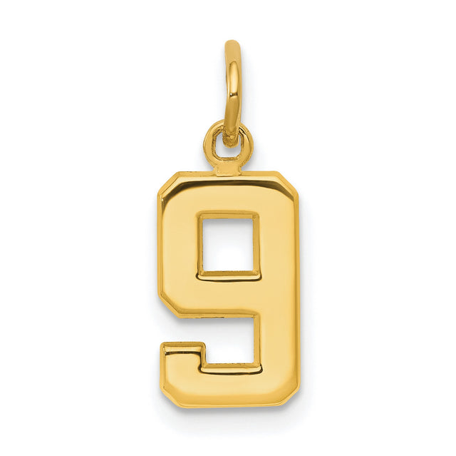 10k Yellow Gold Number 9 Pendant Charm, Bold Block Style, Unisex Numeral Jewelry