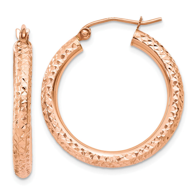 10k Rose Gold Hoop Earrings, Diamond Cut Textured Finish, Lightweight Classic Style