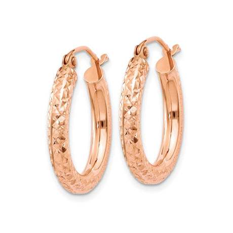 10k Rose Gold Hoop Earrings, Textured with Diamond Cut Finish, Lightweight Medium Style