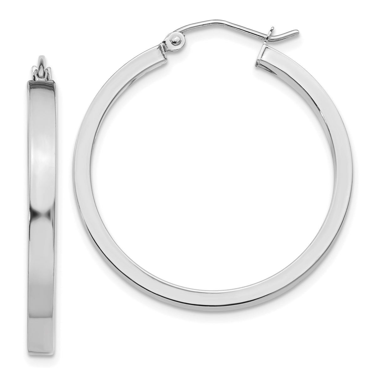 10k White Gold Hoop Earrings with Polished Finish, Hinged Snap Back, Minimalist Round Design