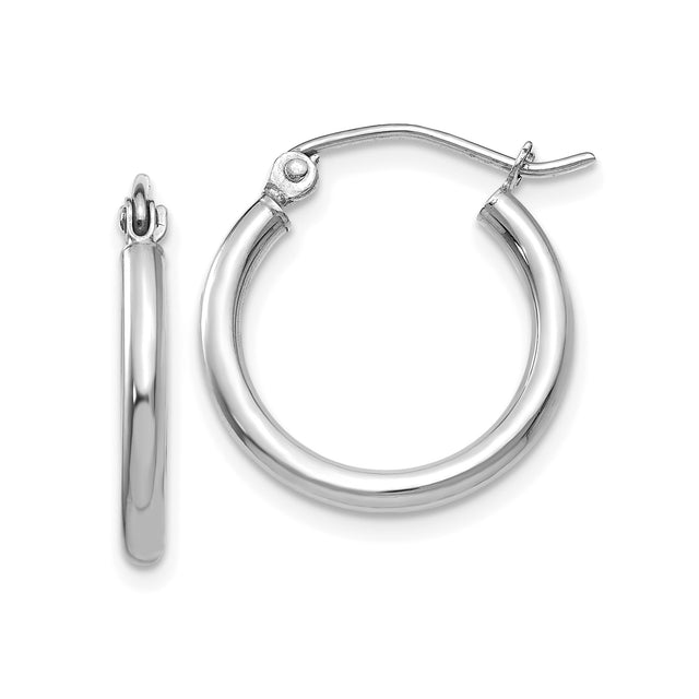 10k White Gold Hoop Earrings, Classic 2mm Round Minimalist Design with Hinged Closure