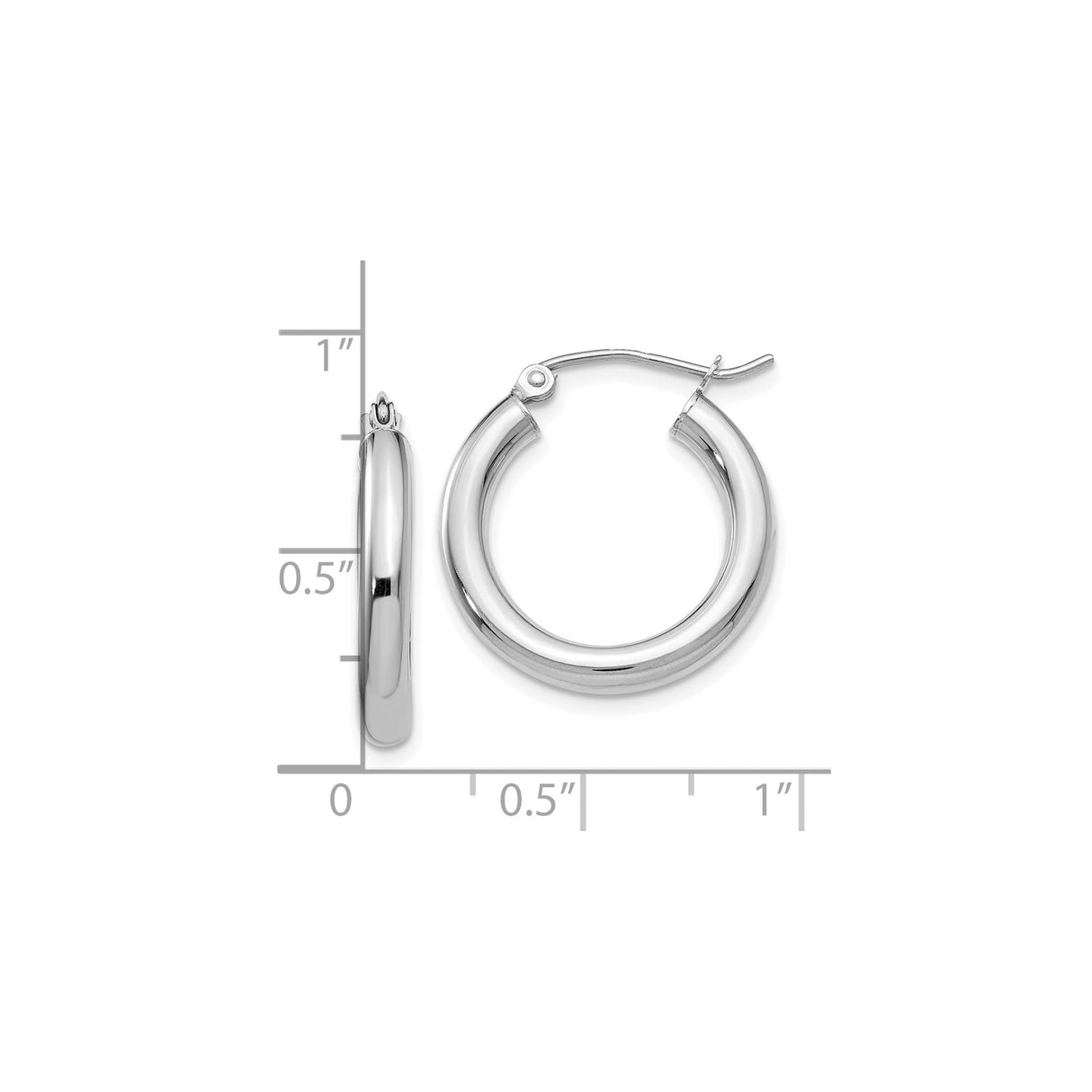 10k White Gold Hoop Earrings, Polished Round Lightweight Tube Hoops with Hinged Snap Closure
