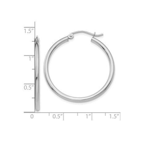 10k White Gold Hoop Earrings, Medium Smooth Tube with Polished Finish, Lightweight Classic Style