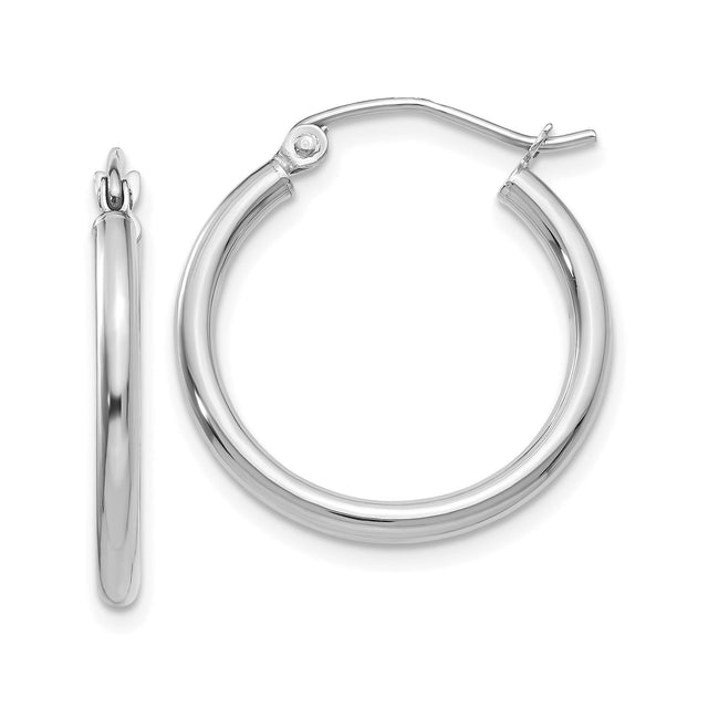 10k White Gold Hoop Earrings, Classic Round Tube with Polished Finish, Lightweight Minimalist Design
