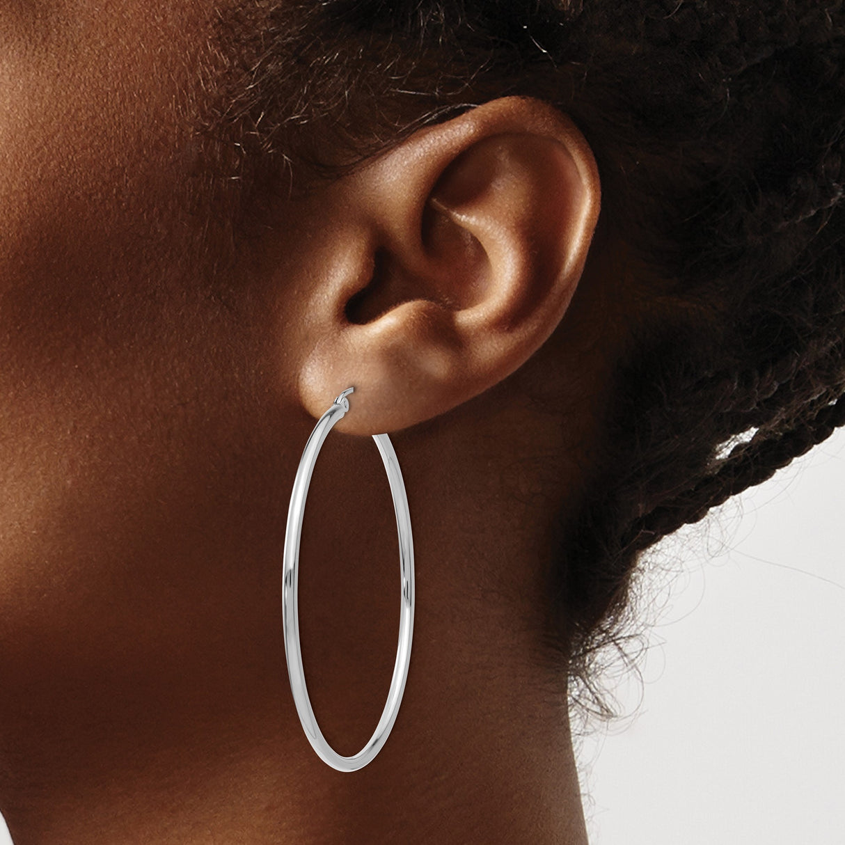 10k White Gold Hoop Earrings, Large Round Polished Finish, Lightweight Minimalist Design for Women