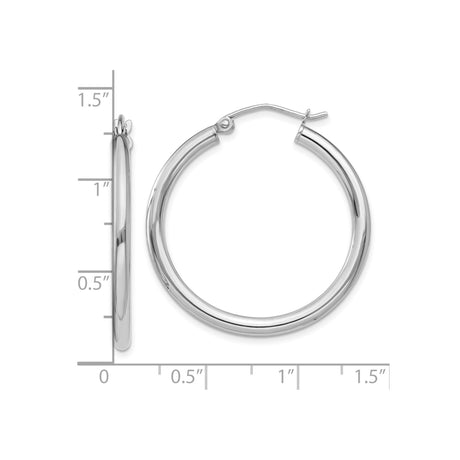 10k White Gold Hoop Earrings, Medium Round Polished Lightweight Tube Design for Women