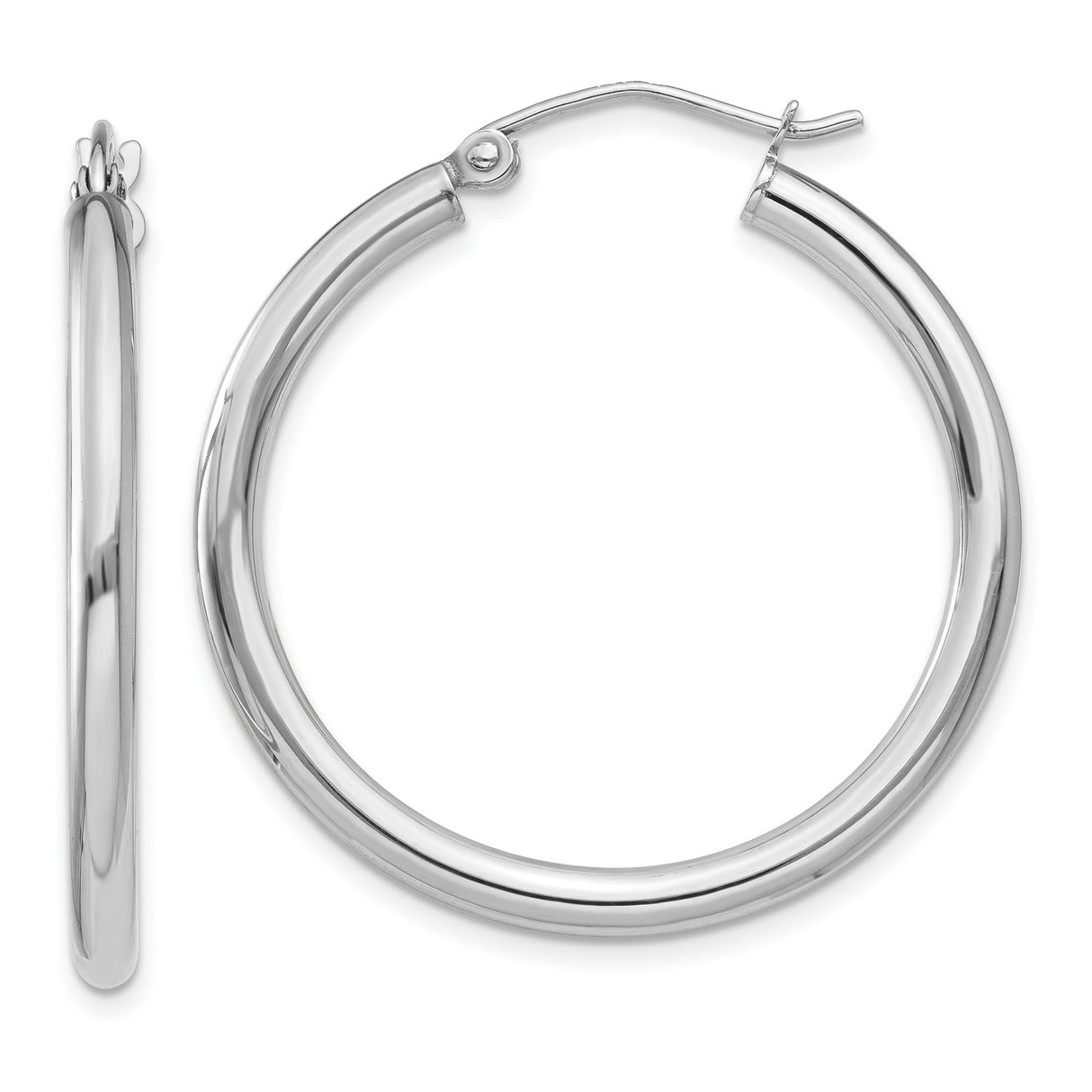10k White Gold Hoop Earrings, Medium Round Polished Lightweight Tube Design for Women