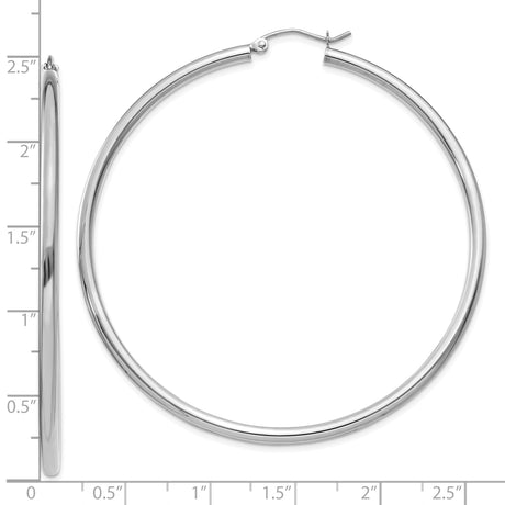 10k White Gold Hoop Earrings, Large Lightweight Tube Design, Polished Minimalist Style for Women