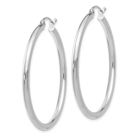 10k White Gold Hoop Earrings, Polished Round Minimalist Design with Hinged Snap-Back Closure