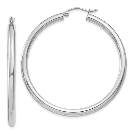 10k White Gold Hoop Earrings, Classic Round Polished Hoops with Latch-Back Closure