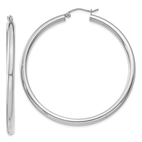 10k White Gold Hoop Earrings, Polished 3mm Minimalist Round Hoops with Hinged Closure for Women