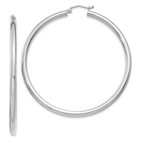 10k White Gold Hoop Earrings, Classic Round Tube Design, Latch-Back Closure, High Polish Finish