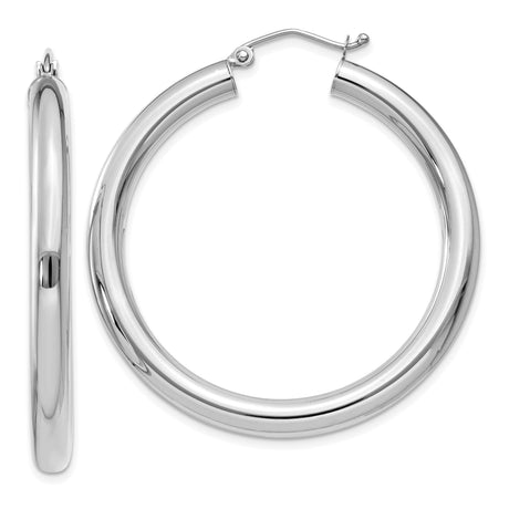 10k White Gold Hoop Earrings, Classic Round Lightweight Tube Style with Polished Finish for Women
