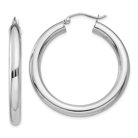 10k White Gold Hoop Earrings, Classic Round Tube with Polished Finish, Medium Size for Women