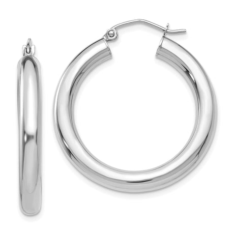 10k White Gold Hoop Earrings, Classic Round Tube Design, Polished Finish, Medium Size