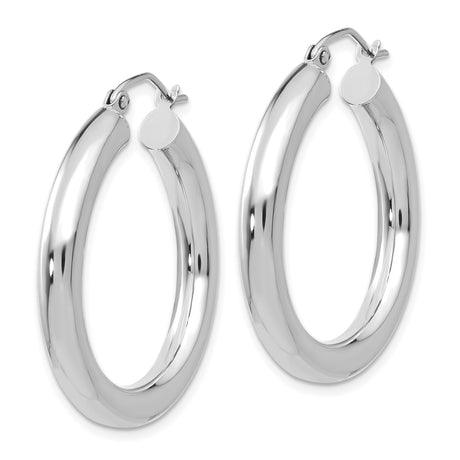 10k White Gold Hoop Earrings, Medium Polished Round Hoops with Latch Back Closure for Women