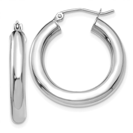10k White Gold Hoop Earrings, Polished Round Tube, Smooth Minimalist Style for Women