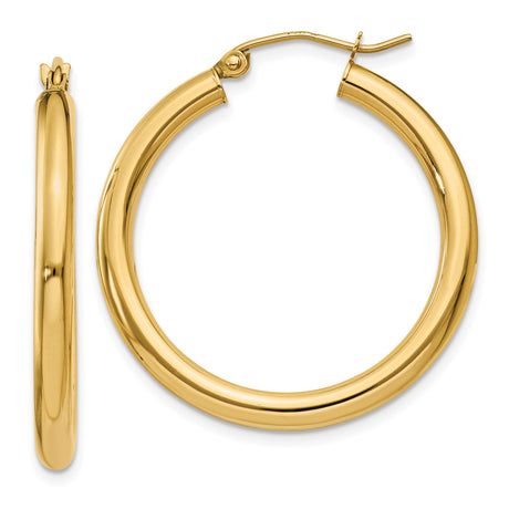 10k Yellow Gold Hoop Earrings, Classic Round Tube with Hinged Clasp, Medium Lightweight Design