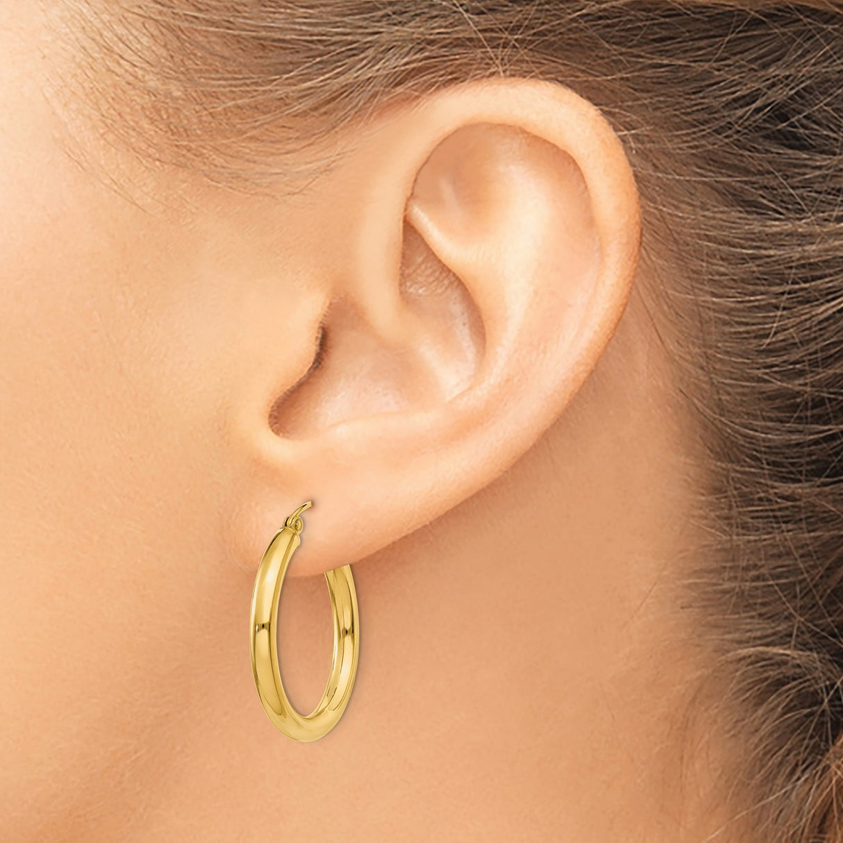 10k Yellow Gold Hoop Earrings, Medium Round Tube with High Polish Finish, Lightweight Latch Back