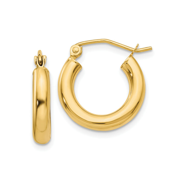 10k Yellow Gold Hoop Earrings, Classic Round Smooth High Polish Tube Style for Women