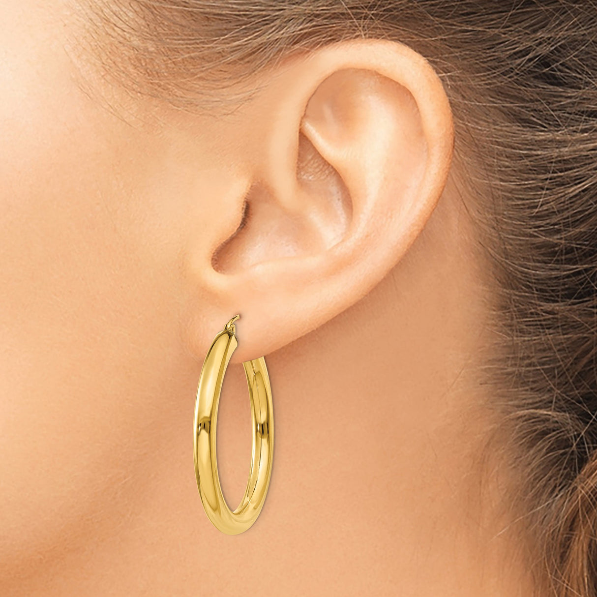 10k Yellow Gold Hoop Earrings, Lightweight Polished Round Tube, Classic Minimalist Style