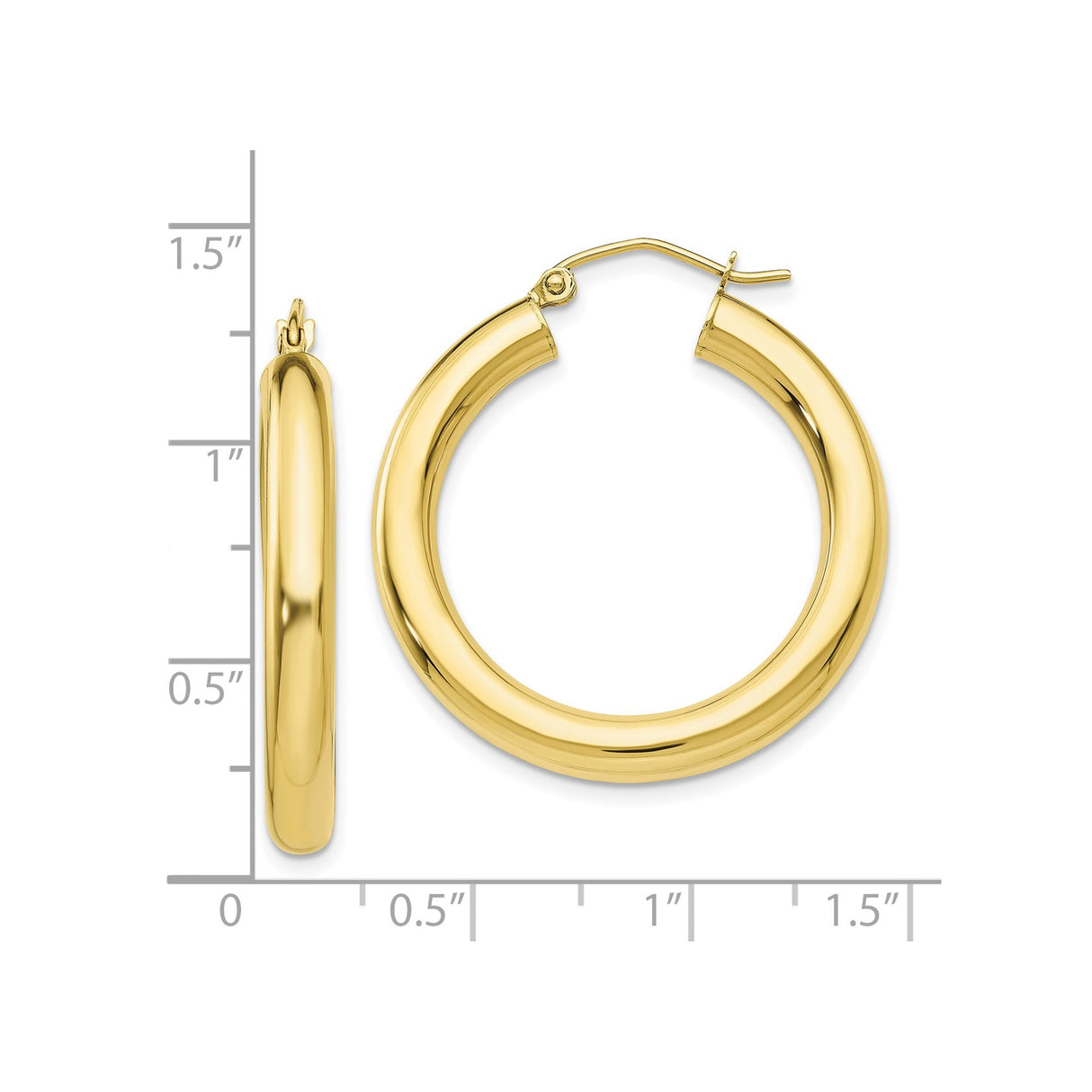 10k Yellow Gold Hoop Earrings, Medium Round Tube, Polished Finish, Lightweight Classic Style