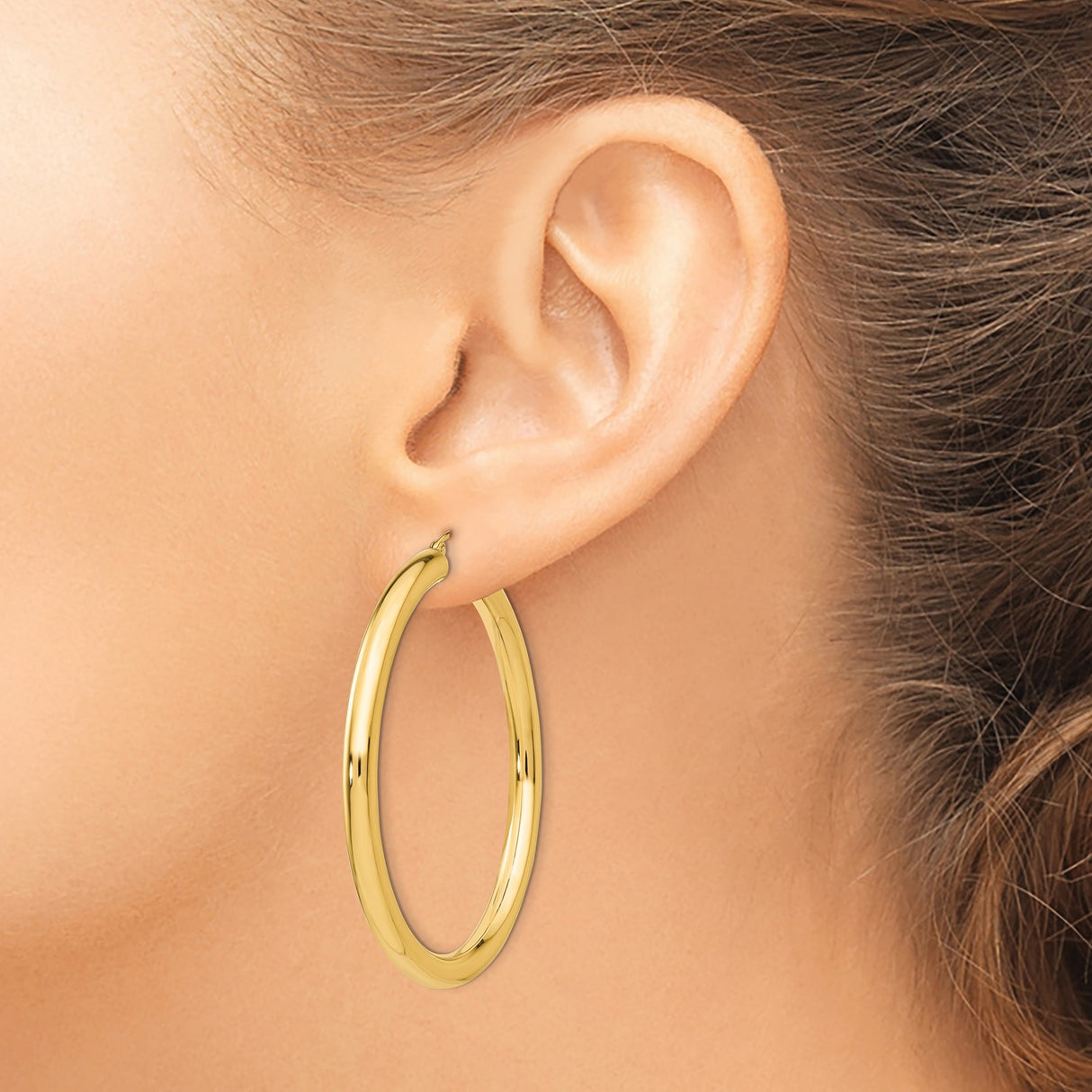 10k Yellow Gold Hoop Earrings, Polished Medium Round Hoops with Latch Closure